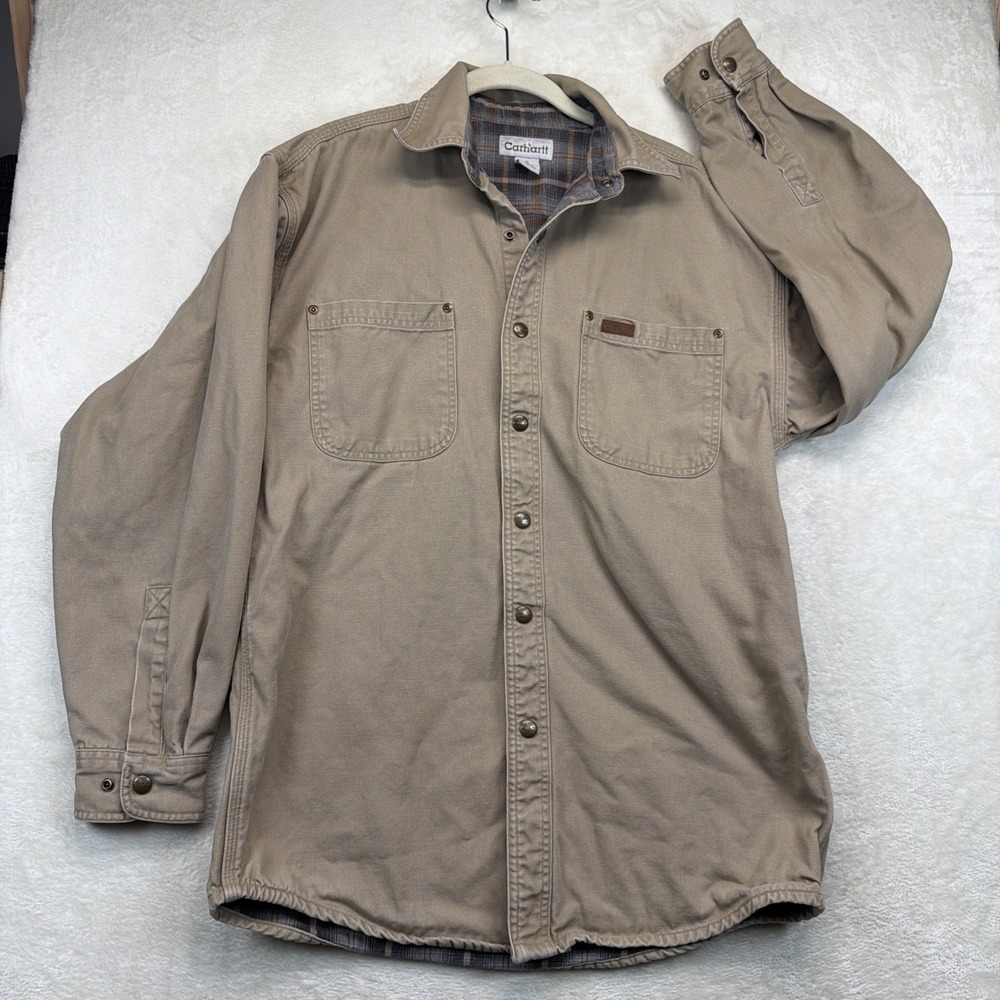 Carhartt Men's Canvas Flannel Lined Shirt Jacket Small Tan Snap Front S96